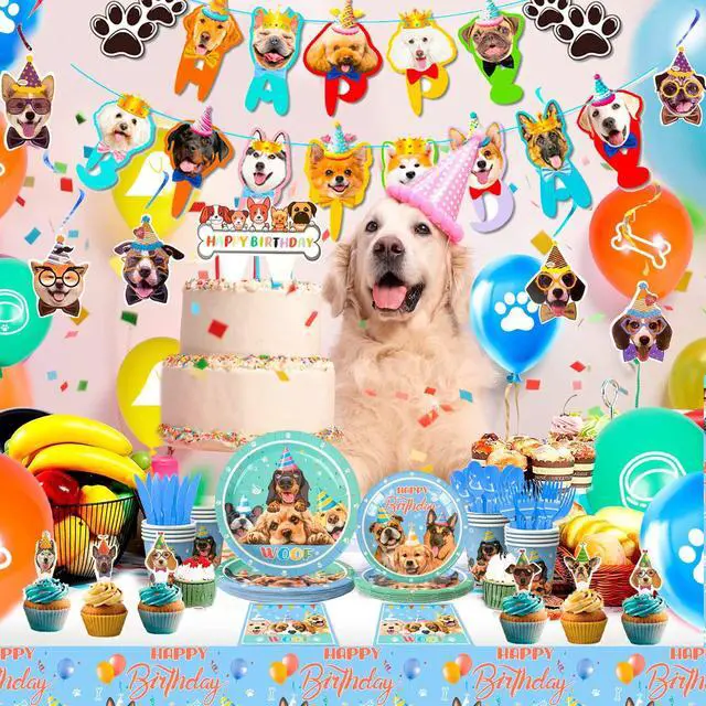Alt view image 4 of 6 - 159 Pcs Puppy Birthday Party Decorations, 16 Guests Dog Birthday Tableware Set Dog Party Plates Cups Napkins Tablecloth Banner Balloon Cake Topper etc Puppy Party Supplies