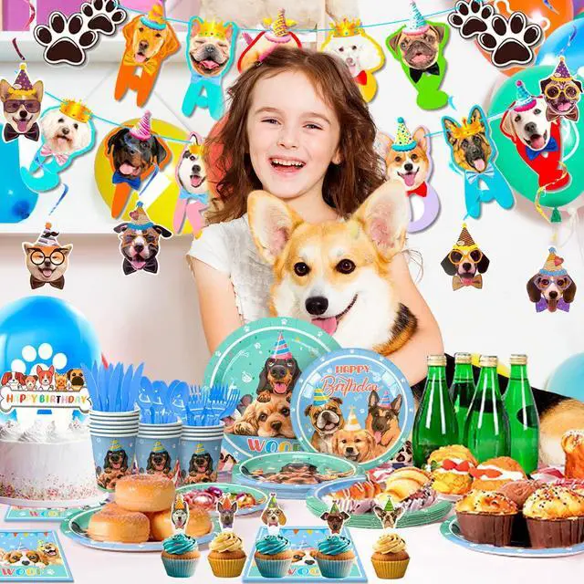 Alt view image 5 of 6 - 159 Pcs Puppy Birthday Party Decorations, 16 Guests Dog Birthday Tableware Set Dog Party Plates Cups Napkins Tablecloth Banner Balloon Cake Topper etc Puppy Party Supplies