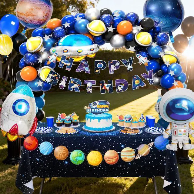 Alt view image 4 of 7 - Outer Space Party Decorations, 109 Pcs Space Birthday Decorations Set Includes Galaxy Birthday Banner Balloons Tablecloth Cake Decorations etc