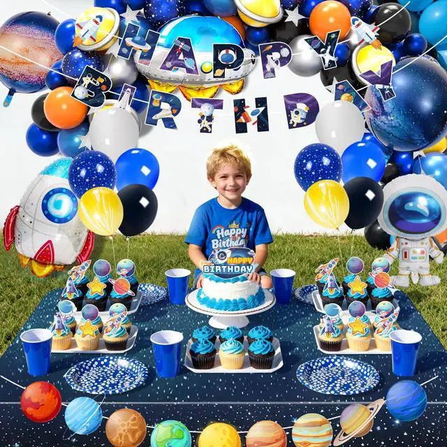 Alt view image 5 of 7 - Outer Space Party Decorations, 109 Pcs Space Birthday Decorations Set Includes Galaxy Birthday Banner Balloons Tablecloth Cake Decorations etc