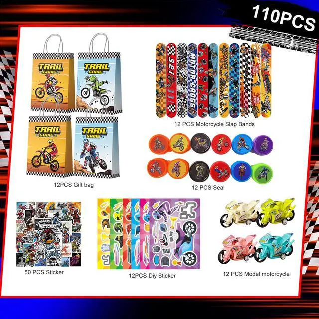 Alt view image 2 of 6 - Motorcycle Birthday Party Favors Bags Fillers, 110 Pcs Dirtbike Party Goodie Bag Bracelets Stampers DIY Motorcycle Stickers etc Dirt Bike Birthday Party Decorations Supplies