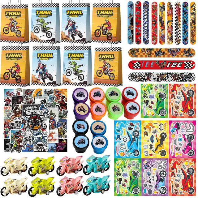Main image of Motorcycle Birthday Party Favors Bags Fillers, 110 Pcs Dirtbike Party Goodie Bag Bracelets Stampers DIY Motorcycle Stickers etc Dirt Bike Birthday Party Decorations Supplies