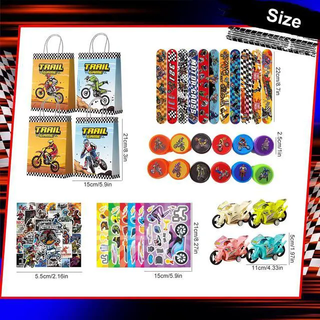 Alt view image 3 of 6 - Motorcycle Birthday Party Favors Bags Fillers, 110 Pcs Dirtbike Party Goodie Bag Bracelets Stampers DIY Motorcycle Stickers etc Dirt Bike Birthday Party Decorations Supplies