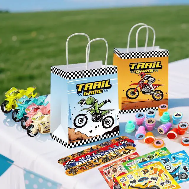 Alt view image 5 of 6 - Motorcycle Birthday Party Favors Bags Fillers, 110 Pcs Dirtbike Party Goodie Bag Bracelets Stampers DIY Motorcycle Stickers etc Dirt Bike Birthday Party Decorations Supplies