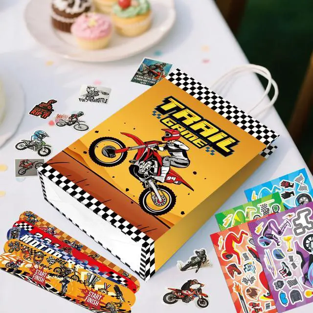 Alt view image 4 of 6 - Motorcycle Birthday Party Favors Bags Fillers, 110 Pcs Dirtbike Party Goodie Bag Bracelets Stampers DIY Motorcycle Stickers etc Dirt Bike Birthday Party Decorations Supplies