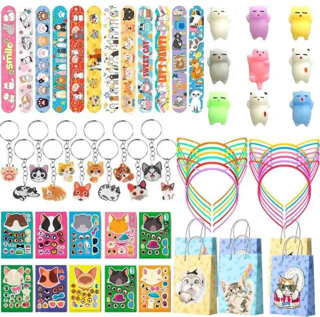 Main image of Cat Birthday Party Favors Kit for 12 Guests, 72 Pcs Kitty Goodie Bags Ears Headband Stickers Keychains Bracelets etc for Cat Birthday Party Decorations Supplies