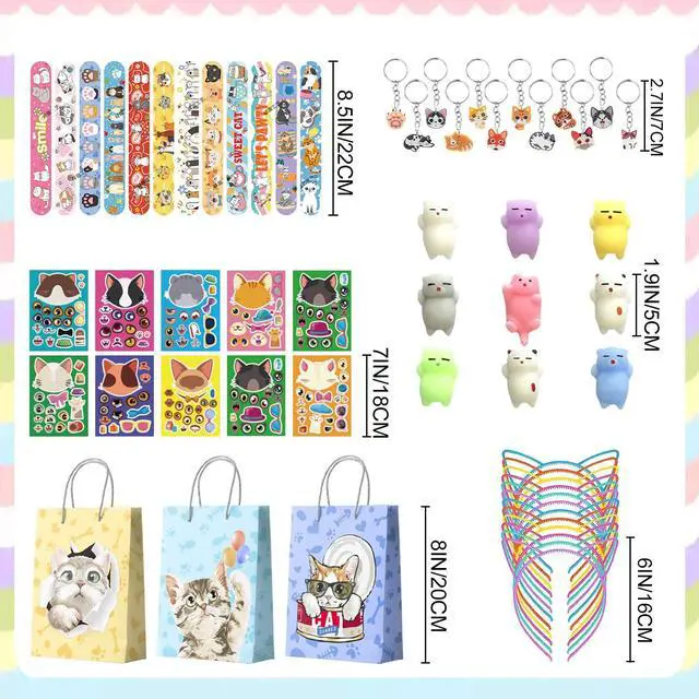 Alt view image 3 of 6 - Cat Birthday Party Favors Kit for 12 Guests, 72 Pcs Kitty Goodie Bags Ears Headband Stickers Keychains Bracelets etc for Cat Birthday Party Decorations Supplies