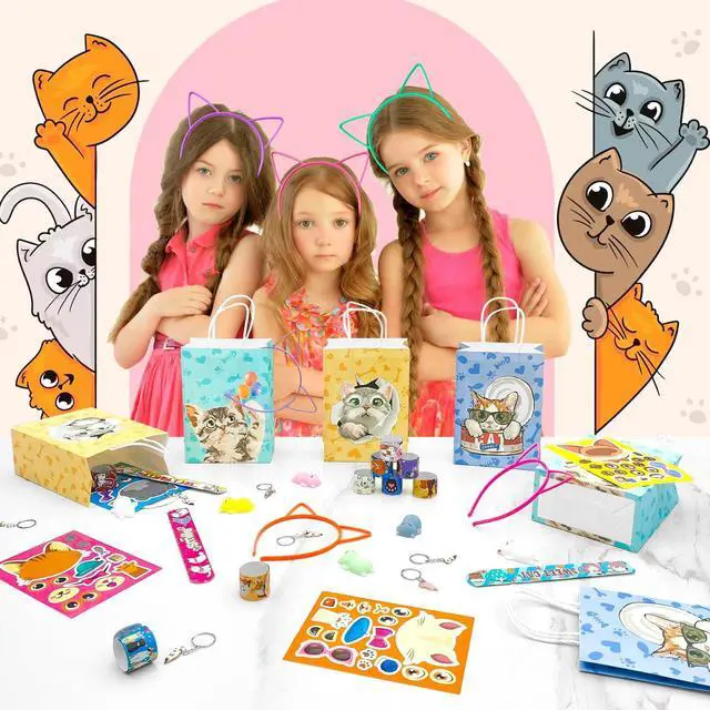 Alt view image 5 of 6 - Cat Birthday Party Favors Kit for 12 Guests, 72 Pcs Kitty Goodie Bags Ears Headband Stickers Keychains Bracelets etc for Cat Birthday Party Decorations Supplies