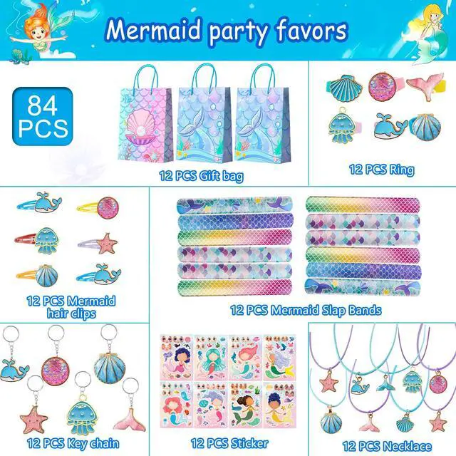 Alt view image 2 of 6 - 84 Pcs Mermaid Party Favors Decorations Kit with Fish Rings Keychain Bracelets Bags Hair Clips Necklace etc for Mermaid Birthday Decorations Supplies