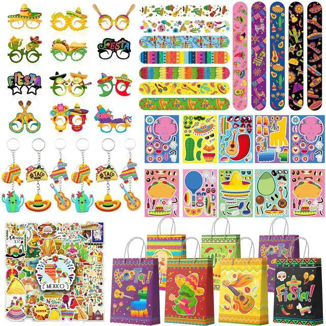 Main image of Mexican Fiesta Party Favors Fillers Kit for 12 Guests, 110 Pcs Cinco De Mayo Party Favors Bags Mexican Character Make a Face Stickers Keychain Bracelets etc for Mexican Fiesta Decorations