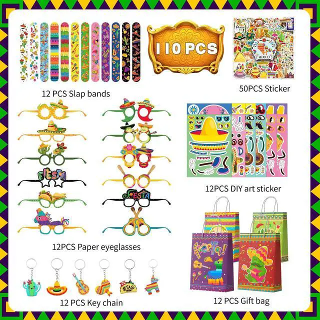 Alt view image 2 of 6 - Mexican Fiesta Party Favors Fillers Kit for 12 Guests, 110 Pcs Cinco De Mayo Party Favors Bags Mexican Character Make a Face Stickers Keychain Bracelets etc for Mexican Fiesta Decorations