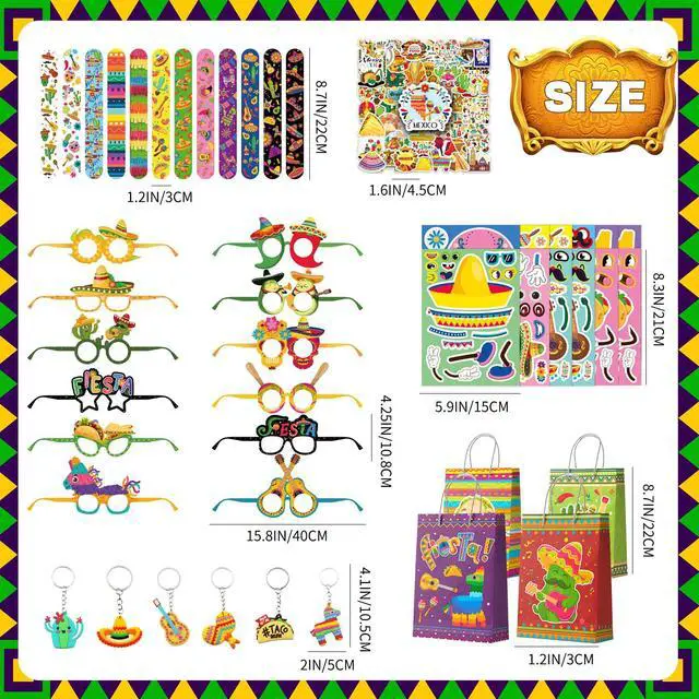 Alt view image 3 of 6 - Mexican Fiesta Party Favors Fillers Kit for 12 Guests, 110 Pcs Cinco De Mayo Party Favors Bags Mexican Character Make a Face Stickers Keychain Bracelets etc for Mexican Fiesta Decorations