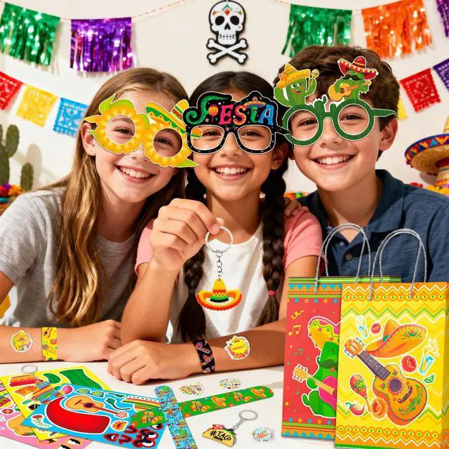 Alt view image 5 of 6 - Mexican Fiesta Party Favors Fillers Kit for 12 Guests, 110 Pcs Cinco De Mayo Party Favors Bags Mexican Character Make a Face Stickers Keychain Bracelets etc for Mexican Fiesta Decorations