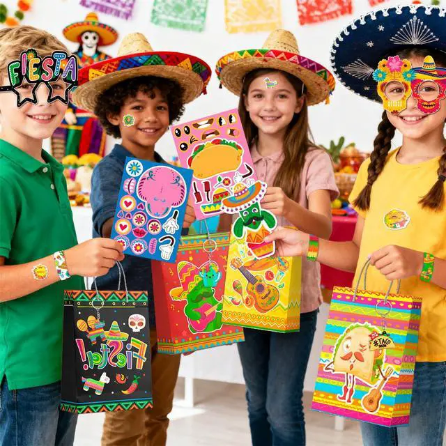 Alt view image 6 of 6 - Mexican Fiesta Party Favors Fillers Kit for 12 Guests, 110 Pcs Cinco De Mayo Party Favors Bags Mexican Character Make a Face Stickers Keychain Bracelets etc for Mexican Fiesta Decorations