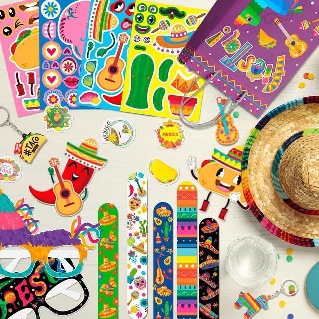 Alt view image 4 of 6 - Mexican Fiesta Party Favors Fillers Kit for 12 Guests, 110 Pcs Cinco De Mayo Party Favors Bags Mexican Character Make a Face Stickers Keychain Bracelets etc for Mexican Fiesta Decorations