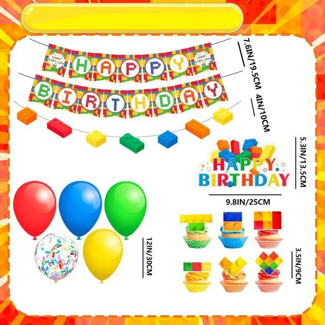 Alt view image 3 of 7 - Building Blocks Birthday Party Decorations, 53 Pcs Building Block Balloons Banners Cake Topper etc Colorful Building Block Birthday Party Supplies