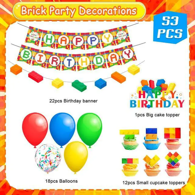 Alt view image 2 of 7 - Building Blocks Birthday Party Decorations, 53 Pcs Building Block Balloons Banners Cake Topper etc Colorful Building Block Birthday Party Supplies