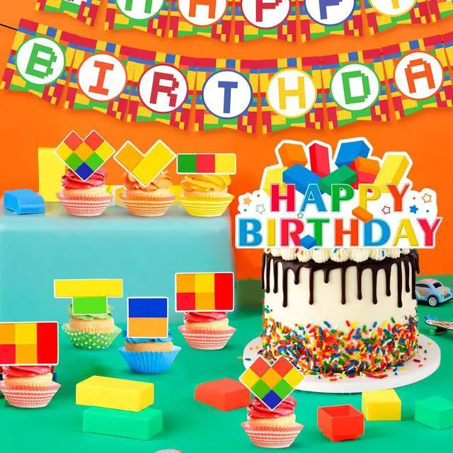 Alt view image 4 of 7 - Building Blocks Birthday Party Decorations, 53 Pcs Building Block Balloons Banners Cake Topper etc Colorful Building Block Birthday Party Supplies