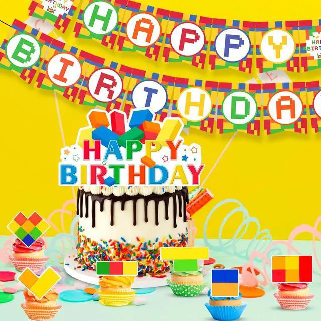 Alt view image 5 of 7 - Building Blocks Birthday Party Decorations, 53 Pcs Building Block Balloons Banners Cake Topper etc Colorful Building Block Birthday Party Supplies
