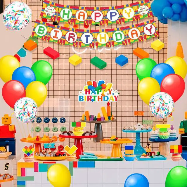 Alt view image 6 of 7 - Building Blocks Birthday Party Decorations, 53 Pcs Building Block Balloons Banners Cake Topper etc Colorful Building Block Birthday Party Supplies