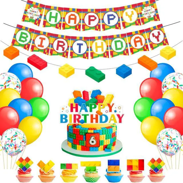Main image of Building Blocks Birthday Party Decorations, 53 Pcs Building Block Balloons Banners Cake Topper etc Colorful Building Block Birthday Party Supplies