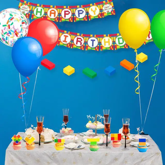 Alt view image 7 of 7 - Building Blocks Birthday Party Decorations, 53 Pcs Building Block Balloons Banners Cake Topper etc Colorful Building Block Birthday Party Supplies