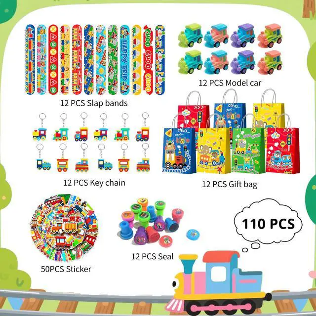 Alt view image 2 of 7 - 110 Pcs Train Birthday Party Favors Kit, Including Train Party Bags Keychains Bracelets Transportations Stamps etc for Train Birthday Party Decorations