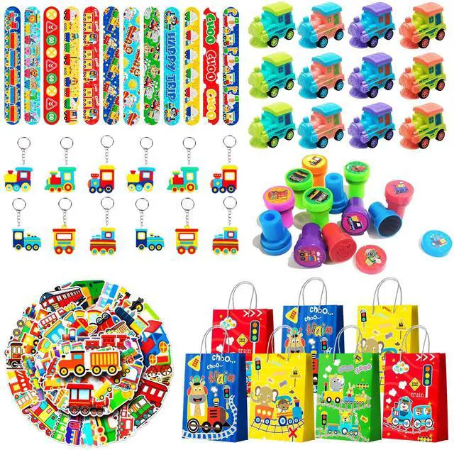 Main image of 110 Pcs Train Birthday Party Favors Kit, Including Train Party Bags Keychains Bracelets Transportations Stamps etc for Train Birthday Party Decorations