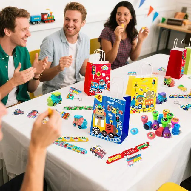Alt view image 4 of 7 - 110 Pcs Train Birthday Party Favors Kit, Including Train Party Bags Keychains Bracelets Transportations Stamps etc for Train Birthday Party Decorations
