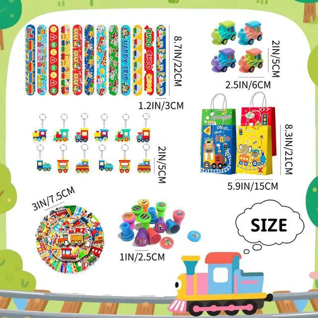 Alt view image 3 of 7 - 110 Pcs Train Birthday Party Favors Kit, Including Train Party Bags Keychains Bracelets Transportations Stamps etc for Train Birthday Party Decorations
