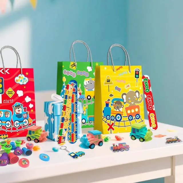 Alt view image 5 of 7 - 110 Pcs Train Birthday Party Favors Kit, Including Train Party Bags Keychains Bracelets Transportations Stamps etc for Train Birthday Party Decorations