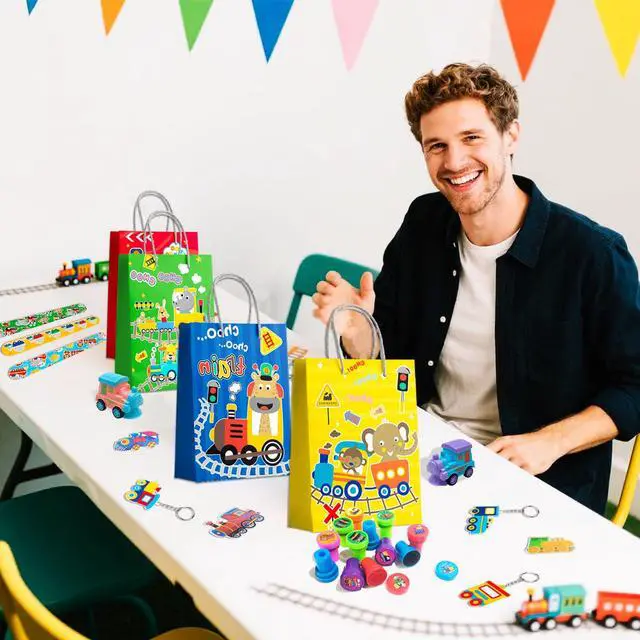 Alt view image 6 of 7 - 110 Pcs Train Birthday Party Favors Kit, Including Train Party Bags Keychains Bracelets Transportations Stamps etc for Train Birthday Party Decorations