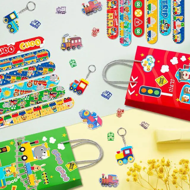 Alt view image 7 of 7 - 110 Pcs Train Birthday Party Favors Kit, Including Train Party Bags Keychains Bracelets Transportations Stamps etc for Train Birthday Party Decorations
