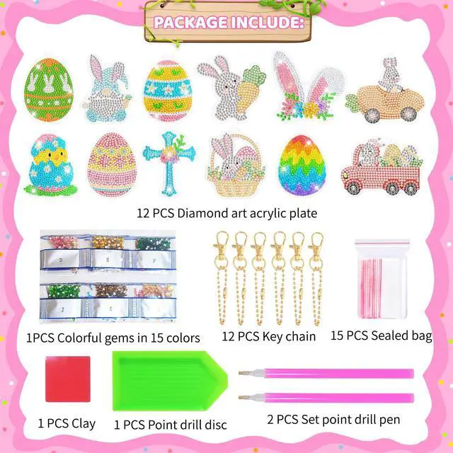 Alt view image 2 of 6 - Easter Party Decorations 12 Pcs 5D DIY Easter Diamond Painting Keychain, Bunny Egg Hanging Ornament Decoration Spring Diamond Art Kits Keychain for Easter Party Favor Bag Fillers