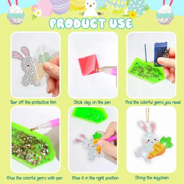 Alt view image 3 of 6 - Easter Party Decorations 12 Pcs 5D DIY Easter Diamond Painting Keychain, Bunny Egg Hanging Ornament Decoration Spring Diamond Art Kits Keychain for Easter Party Favor Bag Fillers