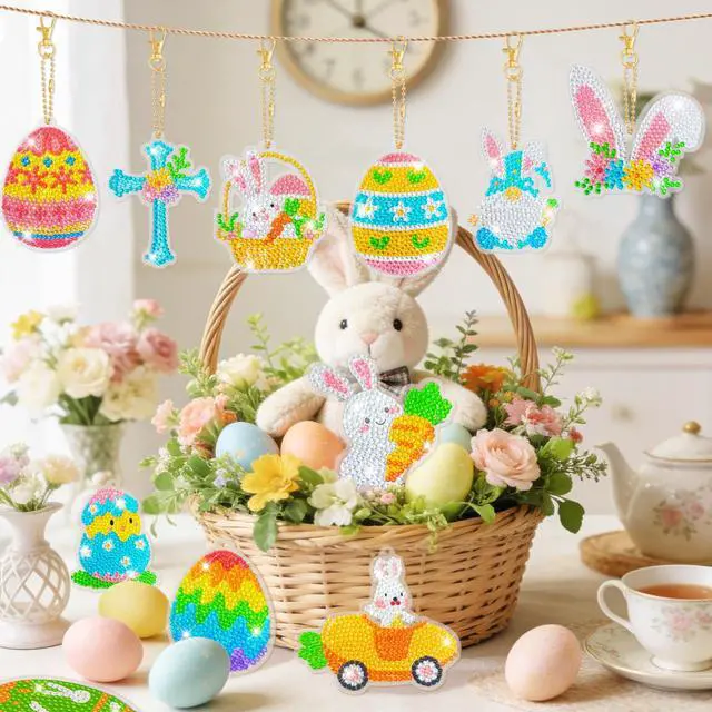 Alt view image 4 of 6 - Easter Party Decorations 12 Pcs 5D DIY Easter Diamond Painting Keychain, Bunny Egg Hanging Ornament Decoration Spring Diamond Art Kits Keychain for Easter Party Favor Bag Fillers
