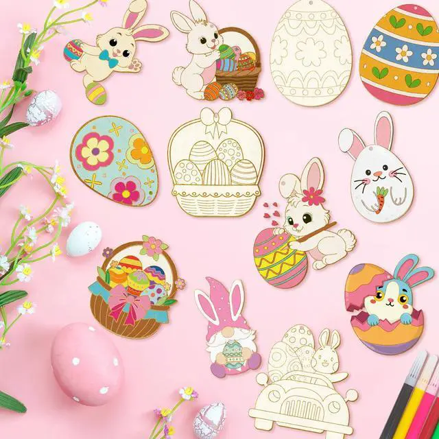 Alt view image 3 of 6 - 49 Pcs Easter Party Decorations, Coloring Easter Wooden Ornaments Include Easter Egg Wooden Hanging Ornaments Bunny Spring Tree Hanging Decorations for Easter Party Favor Bags Fillers Supplies