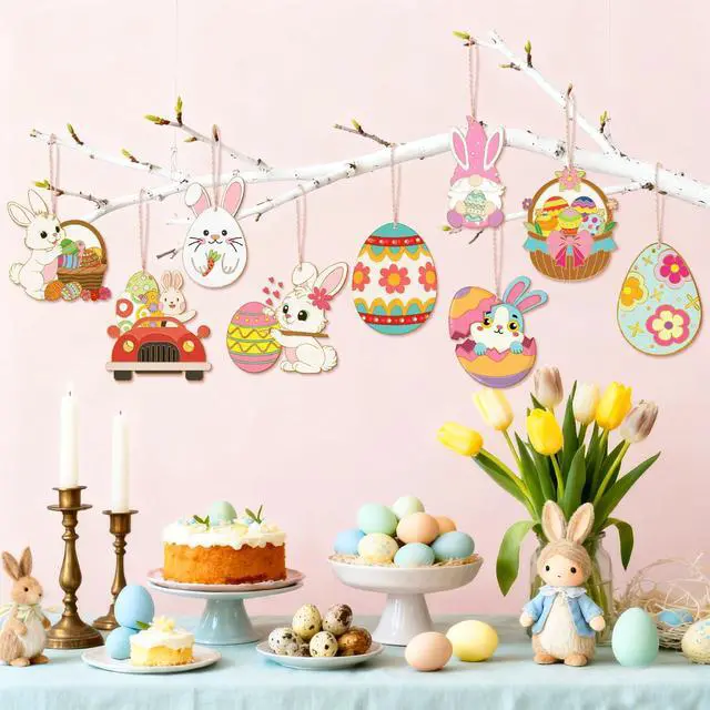 Alt view image 4 of 6 - 49 Pcs Easter Party Decorations, Coloring Easter Wooden Ornaments Include Easter Egg Wooden Hanging Ornaments Bunny Spring Tree Hanging Decorations for Easter Party Favor Bags Fillers Supplies