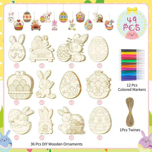 Alt view image 2 of 6 - 49 Pcs Easter Party Decorations, Coloring Easter Wooden Ornaments Include Easter Egg Wooden Hanging Ornaments Bunny Spring Tree Hanging Decorations for Easter Party Favor Bags Fillers Supplies