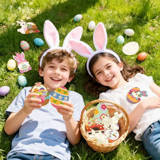Alt view image 5 of 6 - 49 Pcs Easter Party Decorations, Coloring Easter Wooden Ornaments Include Easter Egg Wooden Hanging Ornaments Bunny Spring Tree Hanging Decorations for Easter Party Favor Bags Fillers Supplies