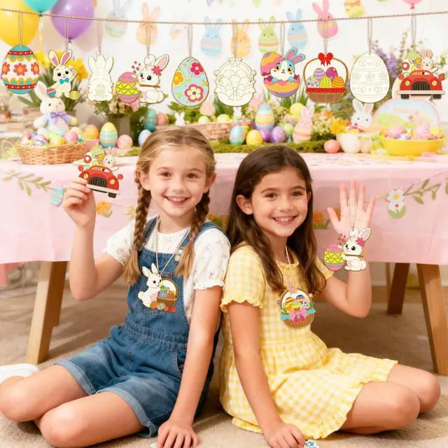 Alt view image 6 of 6 - 49 Pcs Easter Party Decorations, Coloring Easter Wooden Ornaments Include Easter Egg Wooden Hanging Ornaments Bunny Spring Tree Hanging Decorations for Easter Party Favor Bags Fillers Supplies