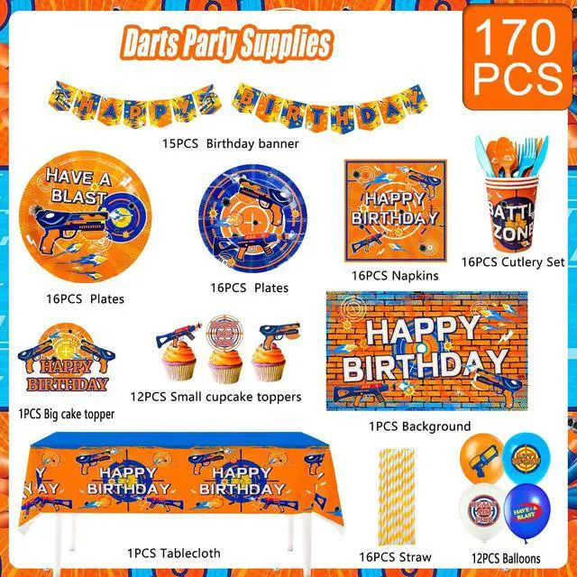 Alt view image 2 of 6 - Dart Birthday Party Supplies, 170 Pcs Dart War Party Decorations Tableware Set Dart War Plates Cups Napkins Tablecloth Banner Balloon Backdrop Cake Topper etc Dart War Party Supplies