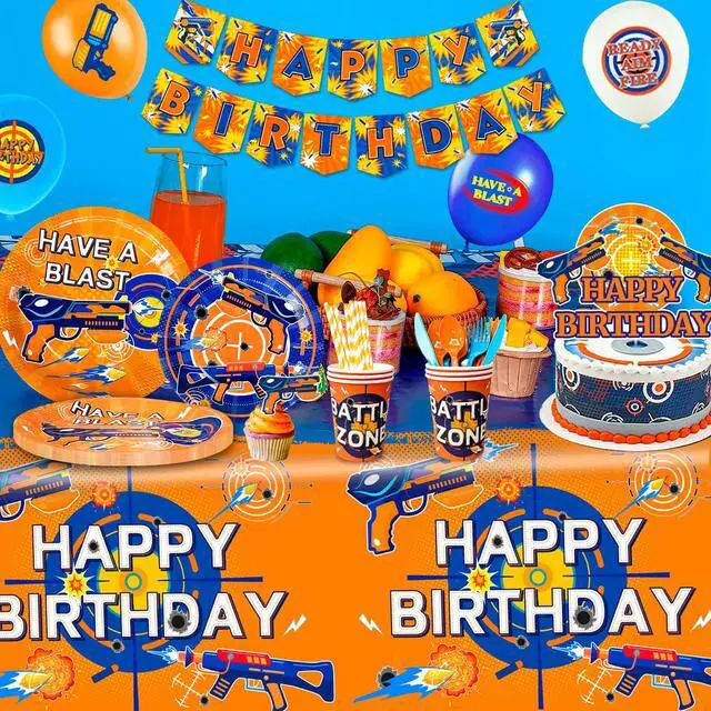 Alt view image 3 of 6 - Dart Birthday Party Supplies, 170 Pcs Dart War Party Decorations Tableware Set Dart War Plates Cups Napkins Tablecloth Banner Balloon Backdrop Cake Topper etc Dart War Party Supplies