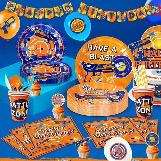 Alt view image 4 of 6 - Dart Birthday Party Supplies, 170 Pcs Dart War Party Decorations Tableware Set Dart War Plates Cups Napkins Tablecloth Banner Balloon Backdrop Cake Topper etc Dart War Party Supplies