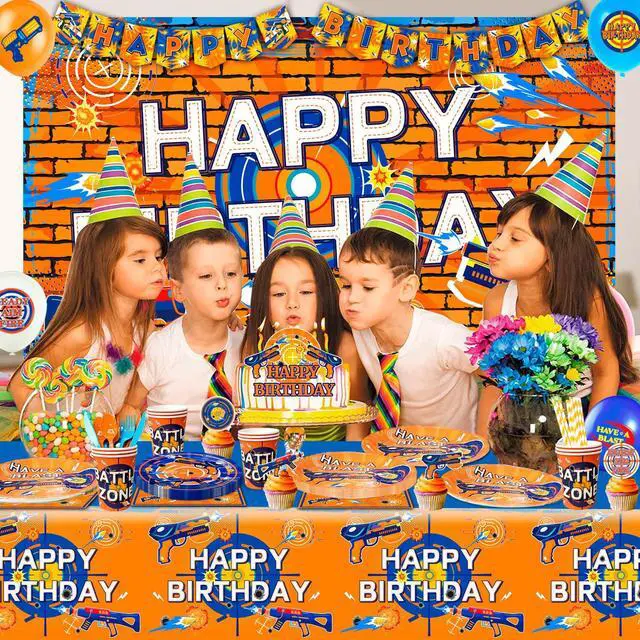 Alt view image 5 of 6 - Dart Birthday Party Supplies, 170 Pcs Dart War Party Decorations Tableware Set Dart War Plates Cups Napkins Tablecloth Banner Balloon Backdrop Cake Topper etc Dart War Party Supplies