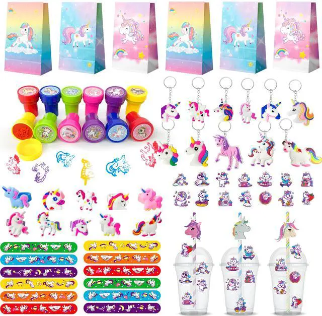 Main image of 134 Pcs Unicorn Birthday Party Favors Bags Supplies, Unicorns Party Goodie Bags Bracelet Stickers Keychain Stampers Rings etc for Unicorns Birthday Decorations Supplies
