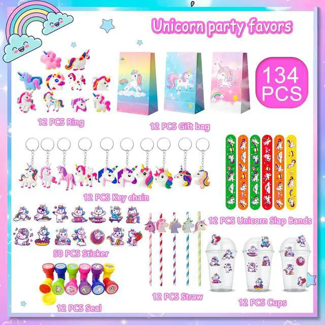 Alt view image 2 of 6 - 134 Pcs Unicorn Birthday Party Favors Bags Supplies, Unicorns Party Goodie Bags Bracelet Stickers Keychain Stampers Rings etc for Unicorns Birthday Decorations Supplies