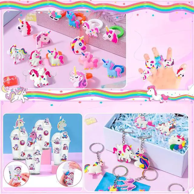 Alt view image 3 of 6 - 134 Pcs Unicorn Birthday Party Favors Bags Supplies, Unicorns Party Goodie Bags Bracelet Stickers Keychain Stampers Rings etc for Unicorns Birthday Decorations Supplies