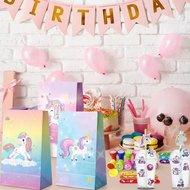 Alt view image 4 of 6 - 134 Pcs Unicorn Birthday Party Favors Bags Supplies, Unicorns Party Goodie Bags Bracelet Stickers Keychain Stampers Rings etc for Unicorns Birthday Decorations Supplies