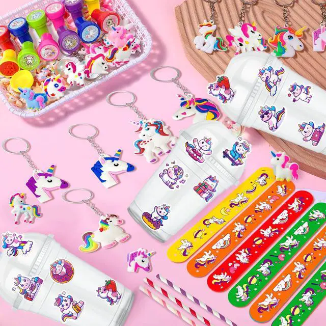 Alt view image 5 of 6 - 134 Pcs Unicorn Birthday Party Favors Bags Supplies, Unicorns Party Goodie Bags Bracelet Stickers Keychain Stampers Rings etc for Unicorns Birthday Decorations Supplies